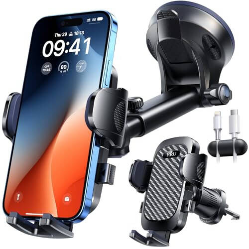 YRU True Military-Grade [360° Rotation Suction] 2025 Ultimate Car Phone Holder Mount 【90+LBS Safest Strongest & Patent Certs】 Dashboard Windshield Vent for iPhone 17 16 Pro Max Samsung, Gloss Black - 2