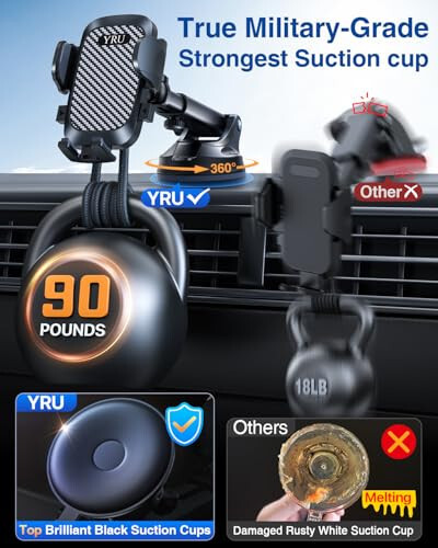 YRU True Military-Grade [360° Rotation Suction] 2025 Ultimate Car Phone Holder Mount 【90+LBS Safest Strongest & Patent Certs】 Dashboard Windshield Vent for iPhone 17 16 Pro Max Samsung, Gloss Black - 5