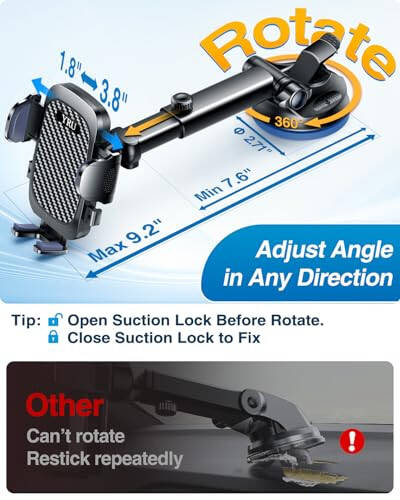 YRU True Military-Grade [360° Rotation Suction] 2025 Ultimate Car Phone Holder Mount 【90+LBS Safest Strongest & Patent Certs】 Dashboard Windshield Vent for iPhone 17 16 Pro Max Samsung, Gloss Black - 6