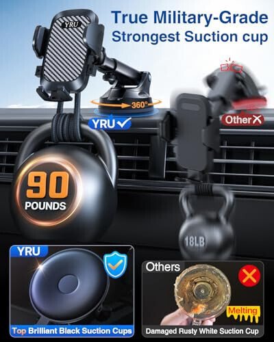 YRU True Military-Grade [360° Rotation Suction] 2025 Ultimate Car Phone Holder Mount 【90+LBS Safest Strongest & Patent Certs】 Dashboard Windshield Vent for iPhone 17 16 Pro Max Samsung, Gloss Black - 5