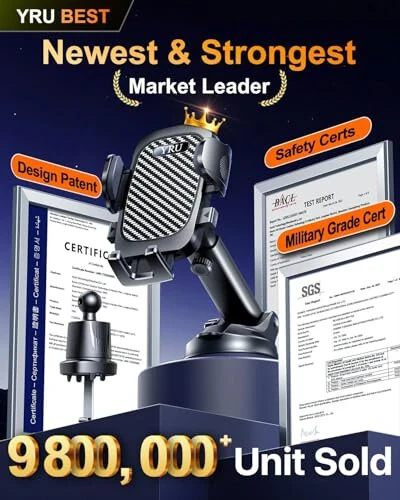 YRU【80+LBS Safest Strongest Rotatable Suction 2024 Ultimate Car Phone Holder Mount 【Military-Grade & All Patent Safety Certs】 Dashboard Windshield Vent for iPhone 15 Pro Max 14 Samsung, Black - 3