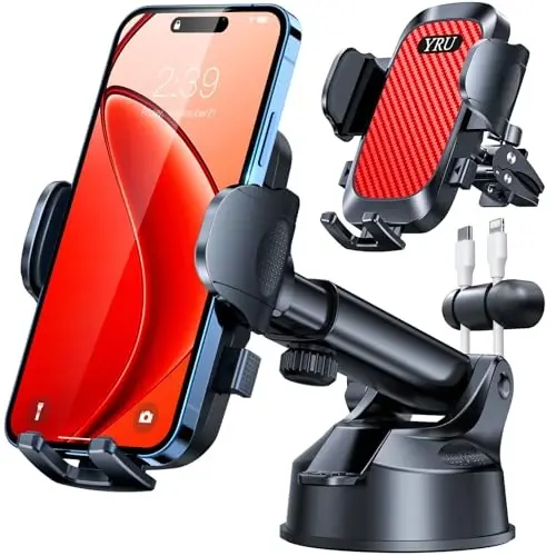 YRU[True Upgrade for Safety Car Phone Holder Mount [Patent & Military-Grade] Dashboard Cell Phone Holder for Car Vent Windshield Phone Stand for iPhone 17 16 15 14 13 Pro Max Truck Samsung, Light Red - 1