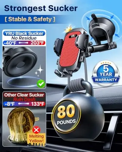 YRU[True Upgrade for Safety Car Phone Holder Mount [Patent & Military-Grade] Dashboard Cell Phone Holder for Car Vent Windshield Phone Stand for iPhone 17 16 15 14 13 Pro Max Truck Samsung, Light Red - 2