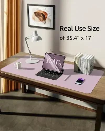 YSAGi Leather Desk Protector, Office Mat, Large Mouse Mat, Non-Slip PU Leather Blotter, Laptop Pad, Waterproof Writing Pad for Office and Home (Grayish Lavender, 35.4