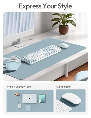YSAGi Leather Desk Protector, Office Mat, Large Mouse Mat, Non-Slip PU Leather Blotter, Laptop Desk Mat, Waterproof Writing Pad for Office and Home(Ice Blue, 42
