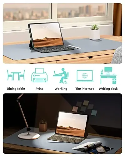 YSAGi Leather Desk Protector, Office Mat, Large Mouse Mat, Non-Slip PU Leather Blotter, Laptop Desk Mat, Waterproof Writing Pad for Office and Home (Light Grey, 35.4