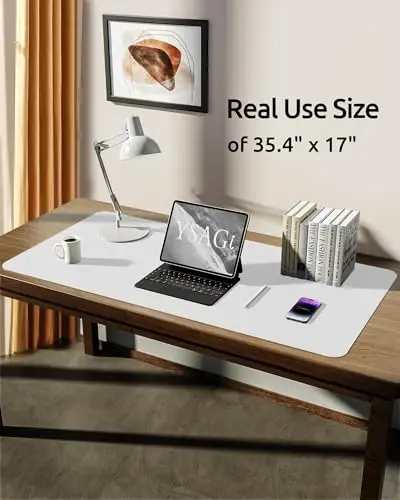 YSAGi Leather Desk Protector, Office Mat, Large Mouse Mat, Non-Slip PU Leather Blotter, Laptop Desk Pad, Waterproof Writing Pad for Office and Home (White, 35.4