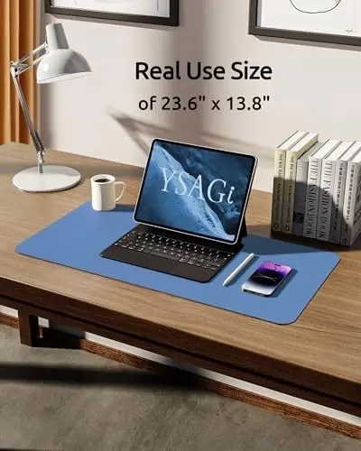 YSAGi Leather Desk Protector, Office Mat, Large Mouse Mat, Non-Slip PU Leather Blotter, Laptop Desk Pad, Waterproof Writing Pad for Office and Home (Sea Blue, 23.6
