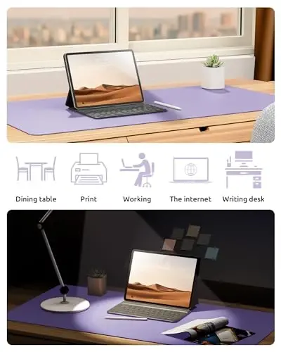 YSAGi Leather Desk Protector, Office Mat, Large Mouse Mat, Non-Slip PU Leather Blotter, Laptop Desk Pad, Waterproof Writing Pad for Office and Home (Light Purple, 31.5