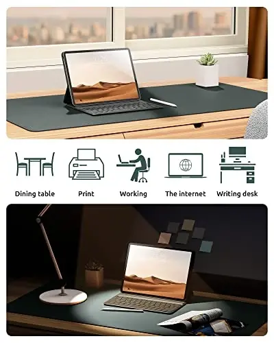 YSAGi Leather Desk Protector, Office Mat, Large Mouse Mat, Non-Slip PU Leather Blotter, Laptop Desk Pad, Waterproof Writing Pad for Office and Home (Dark Green, 35.4