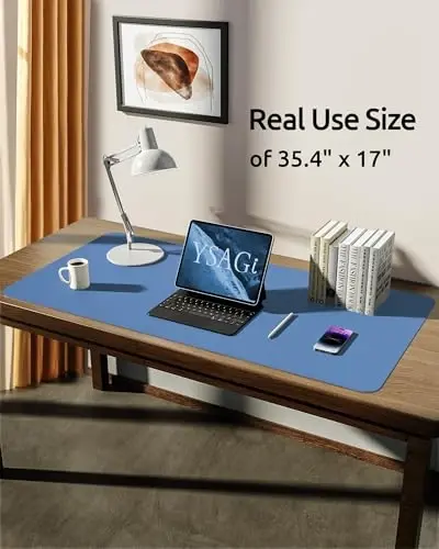 YSAGi Leather Desk Protector, Office Mat, Large Mouse Pad, Non-Slip PU Leather Blotter, Laptop Desk, Waterproof Writing Pad for Office and Home (Sea Blue, 35.4