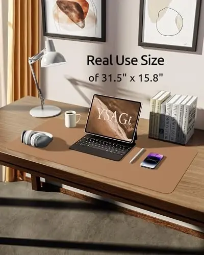 YSAGi Leather Desk Protector, Office Mat, Large Mouse Mat, Non-Slip PU Leather Blotter, Laptop Desk Mat, Waterproof Writing Pad for Office and Home (Khaki, 31.5