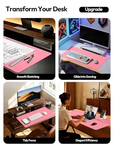 YSAGi Leather Desk Protector, Office Mat, Large Mouse Mat, Non-Slip PU Leather Blotter, Laptop Desk, Waterproof Writing Pad for Office and Home (Pink, 31.5