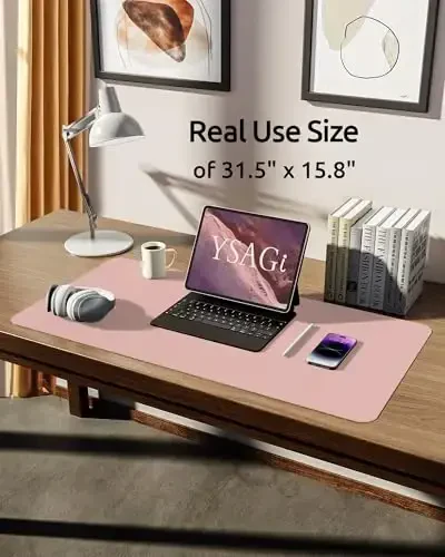 YSAGi Leather Desk Protector, Office Mat, Large Mouse Mat, Non-Slip PU Leather Blotter, Laptop Desk Pad, Waterproof Writing Pad for Office and Home (Light Pink, 31.5