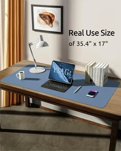 YSAGi Leather Desk Protector, Office Mat, Large Mouse Mat, Non-Slip PU Leather Blotter, Laptop Desk Pad, Waterproof Writing Pad for Office and Home (Blue, 35.4