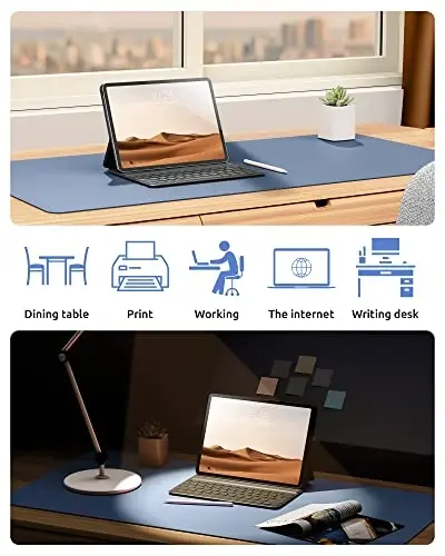 YSAGi Leather Desk Protector, Office Mat, Large Mouse Mat, Non-Slip PU Leather Blotter, Laptop Desk Pad, Waterproof Writing Pad for Office and Home (Blue, 35.4
