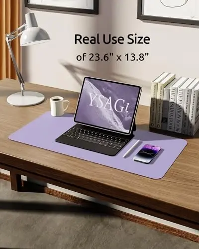 YSAGi Leather Desk Protector, Office Mat, Large Mouse Mat, Non-Slip PU Leather Blotter, Laptop Pad, Waterproof Writing Pad for Office and Home (Light Purple, 23.6