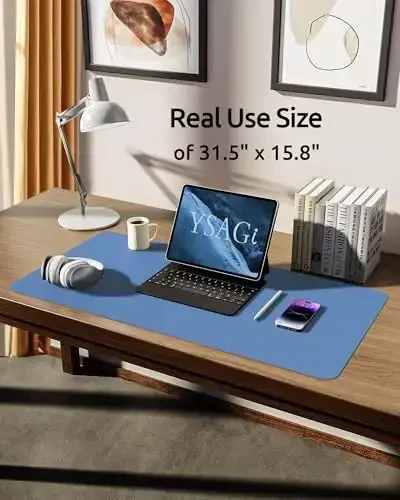YSAGi Leather Desk Protector, Office Mat, Large Mouse Mat, Non-Slip PU Leather Blotter, Laptop Desk Pad, Waterproof Writing Pad for Office and Home (Sea Blue, 31.5