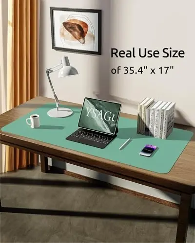 YSAGi Leather Desk Protector, Office Mat, Large Mouse Mat, Non-Slip PU Leather Blotter, Laptop Desk, Waterproof Writing Pad for Office and Home (Green-Blue, 35.4