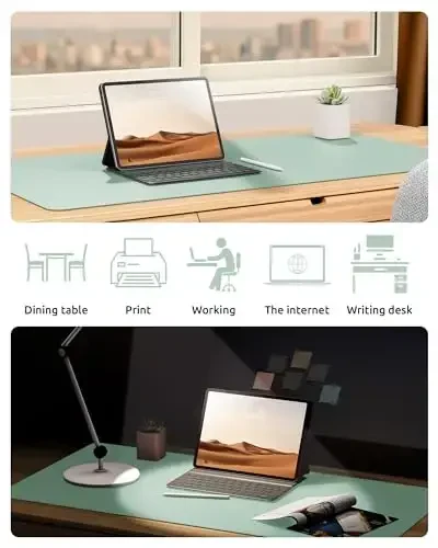 YSAGi Leather Desk Protector, Office Mat, Large Mouse Mat, Non-Slip PU Leather Blotter, Laptop Desk Pad, Waterproof Writing Pad for Office and Home (Pale Green, 35.4