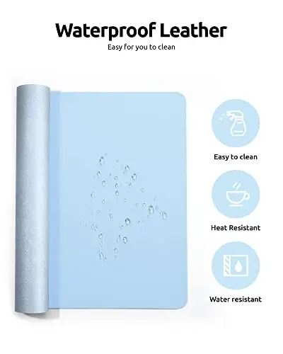 YSAGi Leather Desk Protector, Office Mat, Large Mouse Mat, Non-Slip PU Leather Blotter, Laptop Pad, Waterproof Writing Pad for Office and Home (Baby Blue, 35.4