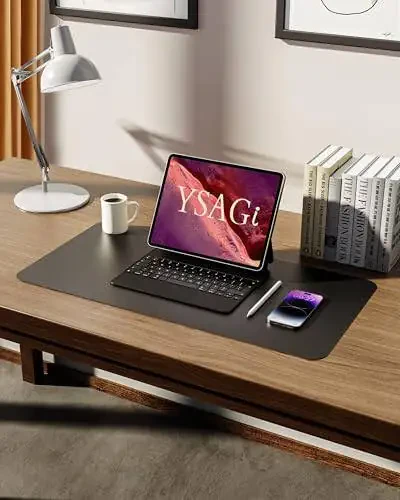 YSAGi Leather Office Desk Pad Protector, Large Mouse Pad, Non-Slip, PU Leather, Laptop Desk Blotter, Waterproof Writing Pad for Office and Home, Black, 23.6