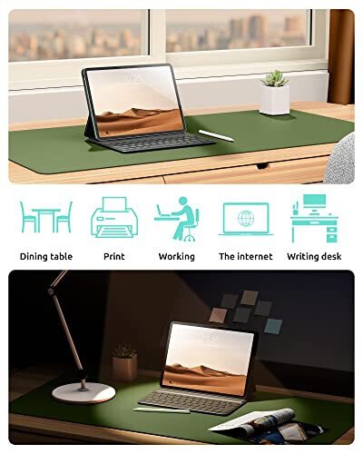 YSAGi Leather Desk Protector, Office Mat, Large Mouse Mat, Non-Slip PU Leather Blotter, Laptop Desk Pad, Waterproof Writing Pad for Office and Home (Green, 23.6