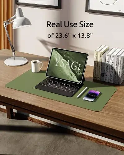YSAGi Leather Desk Protector, Office Mat, Large Mouse Mat, Non-Slip PU Leather Blotter, Laptop Desk Pad, Waterproof Writing Pad for Office and Home (Green, 23.6