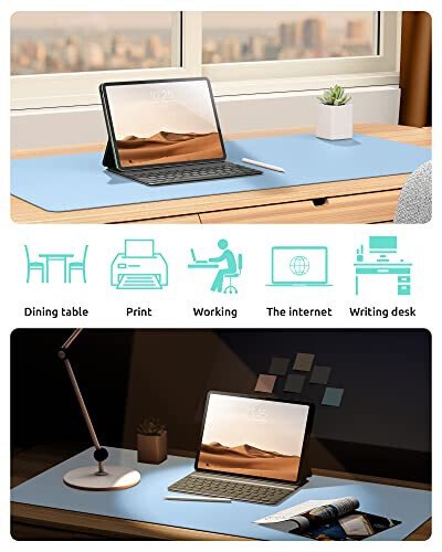 YSAGi Leather Desk Protector, Office Mat, Large Mouse Mat, Non-Slip PU Leather Blotter, Laptop Pad, Waterproof Writing Pad for Office and Home (Baby Blue, 23.6