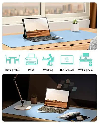 YSAGi Leather Desk Protector, Office Mat, Large Mouse Mat, Non-Slip PU Leather Blotter, Laptop Pad, Waterproof Writing Pad for Office and Home (Baby Blue, 23.6