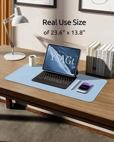 YSAGi Leather Desk Protector, Office Mat, Large Mouse Mat, Non-Slip PU Leather Blotter, Laptop Pad, Waterproof Writing Pad for Office and Home (Baby Blue, 23.6