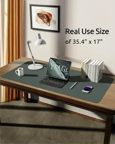 YSAGi Кожаный Настольный Протектор, Офисный Коврик, Большой Коврик для Мыши, Нескользящая Подложка из ПУ Кожи, Настольная Подкладка для Ноутбука, Водонепроницаемая Подкладка для Письма для Офиса и Дома (Темно-зеленый, 35.4