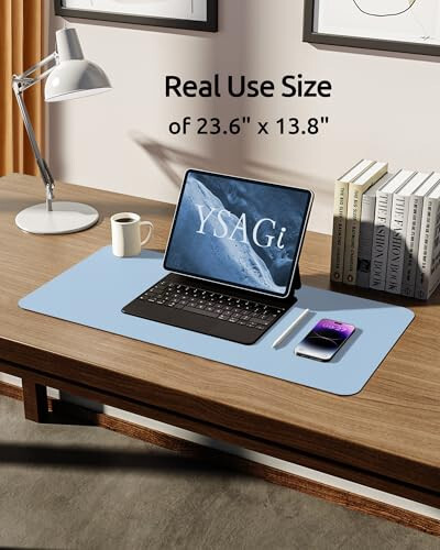 YSAGi Leather Desk Pad Protector, Office Desk Mat, Large Mouse Pad, Non-Slip PU Leather Desk Blotter, Laptop Desk Pad, Waterproof Desk Writing Pad for Office and Home (Baby Blue, 23.6