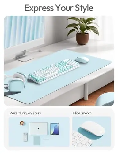 YSAGi Leather Desk Pad Protector, Office Desk Mat, Large Mouse Pad, Non-Slip PU Leather Desk Blotter, Laptop Desk Pad, Waterproof Desk Writing Pad for Office and Home (Baby Blue, 23.6