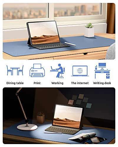 YSAGi Leather Desk Pad Protector, Office Desk Mat, Large Mouse Pad, Non-Slip PU Leather Desk Blotter, Laptop Desk Pad, Waterproof Desk Writing Pad for Office and Home (Blue, 23.6