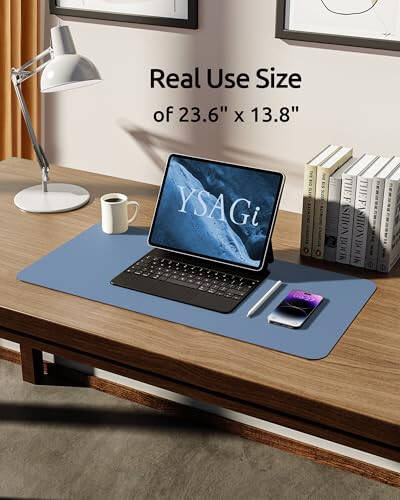 YSAGi Leather Desk Pad Protector, Office Desk Mat, Large Mouse Pad, Non-Slip PU Leather Desk Blotter, Laptop Desk Pad, Waterproof Desk Writing Pad for Office and Home (Blue, 23.6