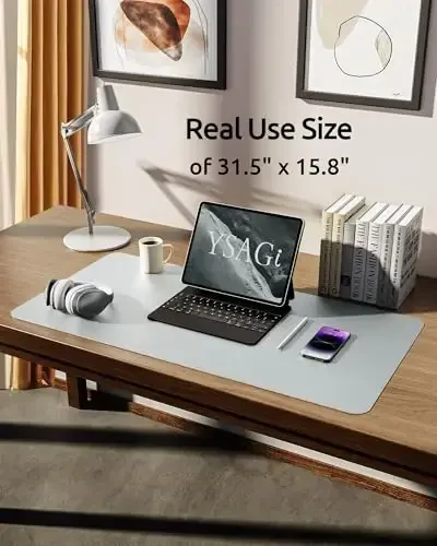 YSAGi Leather Desk Pad Protector, Office Desk Mat, Large Mouse Pad, Non-Slip PU Leather Desk Blotter, Laptop Desk Pad, Waterproof Desk Writing Pad for Office and Home (Silver, 31.5
