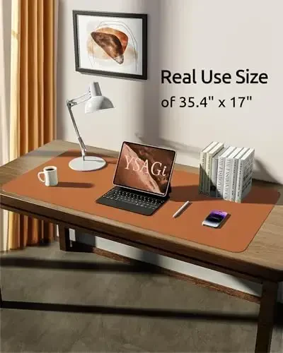 YSAGi Leather Desk Protector, Office Mat, Large Mouse Mat, Non-Slip PU Leather Blotter, Laptop Desk Mat, Waterproof Writing Pad for Office and Home (Brown, 35.4