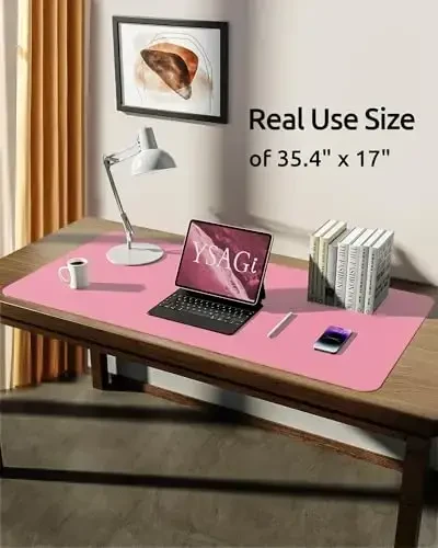 YSAGi Leather Desk Protector, Office Mat, Large Mouse Mat, Non-Slip PU Leather Blotter, Laptop Desk Mat, Waterproof Writing Pad for Office and Home (Pink, 35.4