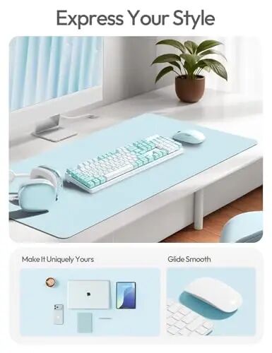 YSAGi Leather Desk Protector, Office Mat, Large Mouse Mat, Non-Slip PU Leather Blotter, Laptop Desk Mat, Waterproof Writing Pad for Office and Home(Baby Blue, 40