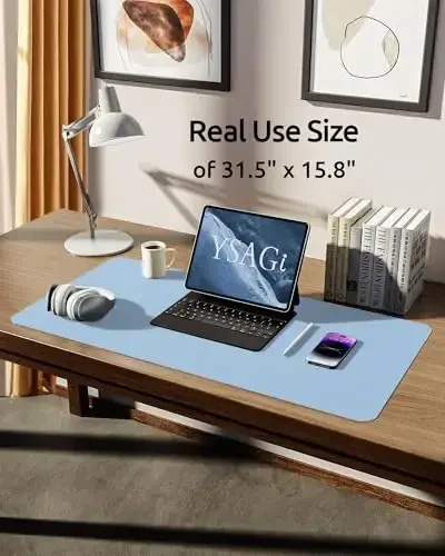 YSAGi Leather Desk Protector, Office Mat, Large Mouse Mat, Non-Slip PU Leather Blotter, Laptop Desk Pad, Waterproof Writing Pad for Office and Home (Baby Blue, 31.5
