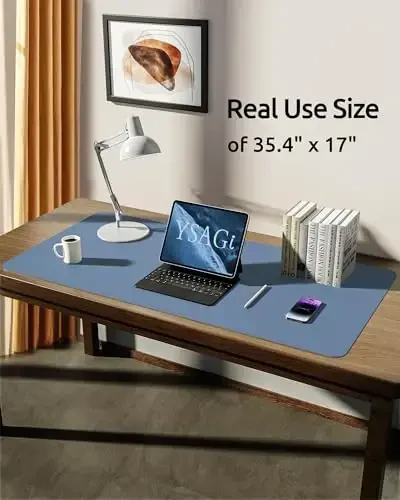 YSAGi Leather Desk Protector, Office Mat, Large Mouse Mat, Non-Slip PU Leather Blotter, Laptop Desk Pad, Waterproof Writing Pad for Office and Home (Blue, 35.4