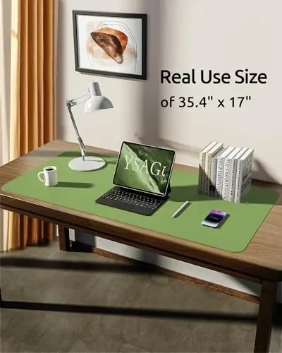 YSAGi Leather Desk Protector, Office Mat, Large Mouse Mat, Non-Slip PU Leather Blotter, Laptop Desk Pad, Waterproof Writing Pad for Office and Home (Leaf Green, 35.4