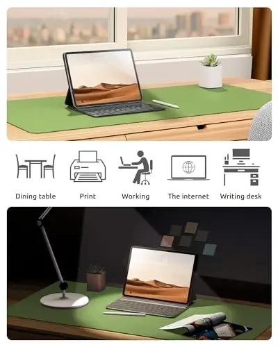 YSAGi Leather Desk Protector, Office Mat, Large Mouse Mat, Non-Slip PU Leather Blotter, Laptop Desk Pad, Waterproof Writing Pad for Office and Home (Leaf Green, 35.4