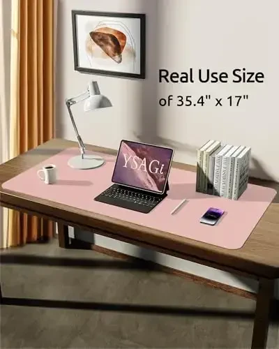 YSAGi Leather Desk Protector, Office Mat, Large Mouse Mat, Non-Slip PU Leather Blotter, Laptop Desk Pad, Waterproof Writing Pad for Office and Home (Light Pink, 35.4