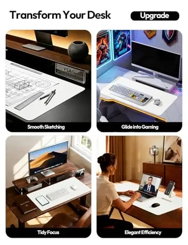 YSAGi Leather Desk Protector, Office Mat, Large Mouse Mat, Non-Slip PU Leather Blotter, Laptop Desk Pad, Waterproof Writing Pad for Office and Home (White, 47.2