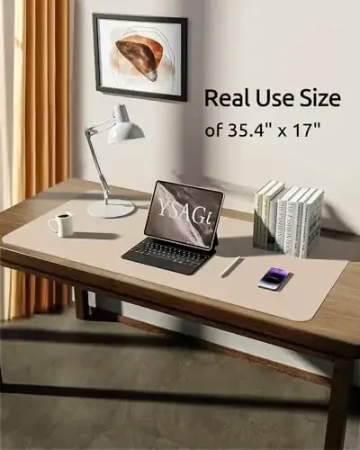 YSAGi Leather Desk Protector, Office Mat, Large Mouse Mat, Non-Slip PU Leather Blotter, Laptop Desk, Waterproof Writing Pad for Office and Home (Eggshell, 35.4