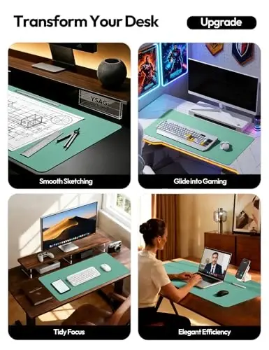 YSAGi Leather Desk Protector, Office Mat, Large Mouse Mat, Non-Slip PU Leather Blotter, Laptop Desk, Waterproof Writing Pad for Office and Home (Green-Blue, 35.4