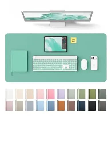 YSAGi Leather Desk Protector, Office Mat, Large Mouse Mat, Non-Slip PU Leather Blotter, Laptop Desk, Waterproof Writing Pad for Office and Home (Green-Blue, 35.4