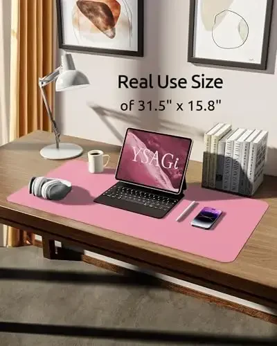 YSAGi Leather Desk Protector, Office Mat, Large Mouse Mat, Non-Slip PU Leather Blotter, Laptop Desk, Waterproof Writing Pad for Office and Home (Pink, 31.5